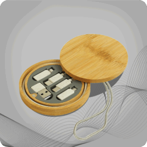 Multi-Charging Cable Set in Round Bamboo Case